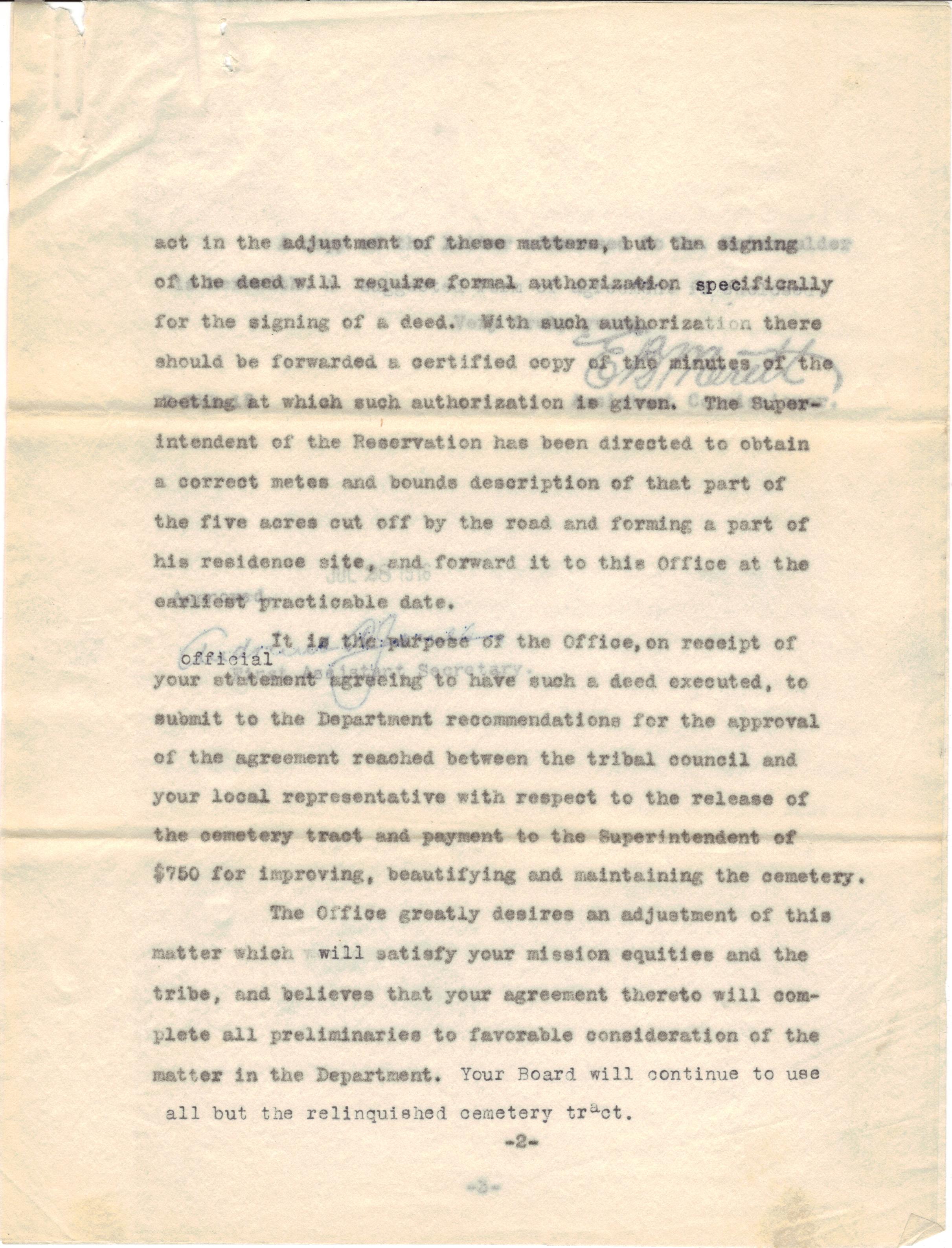 July 24, 1916: Advice regarding cemetay land transfer (2)